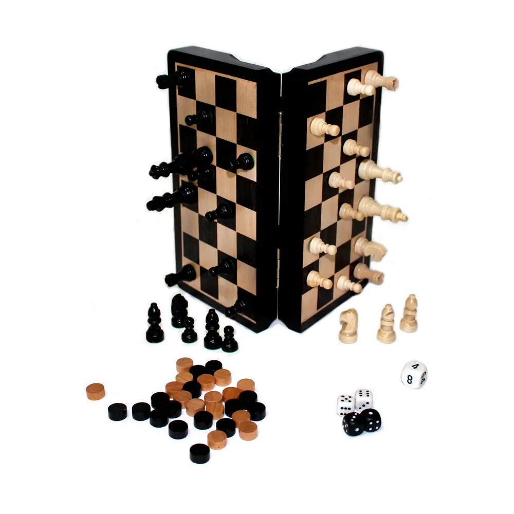Magnetic 3-In-1 Chess, Checkers, And Backgammon Wood Game Set - 8-Inch 1