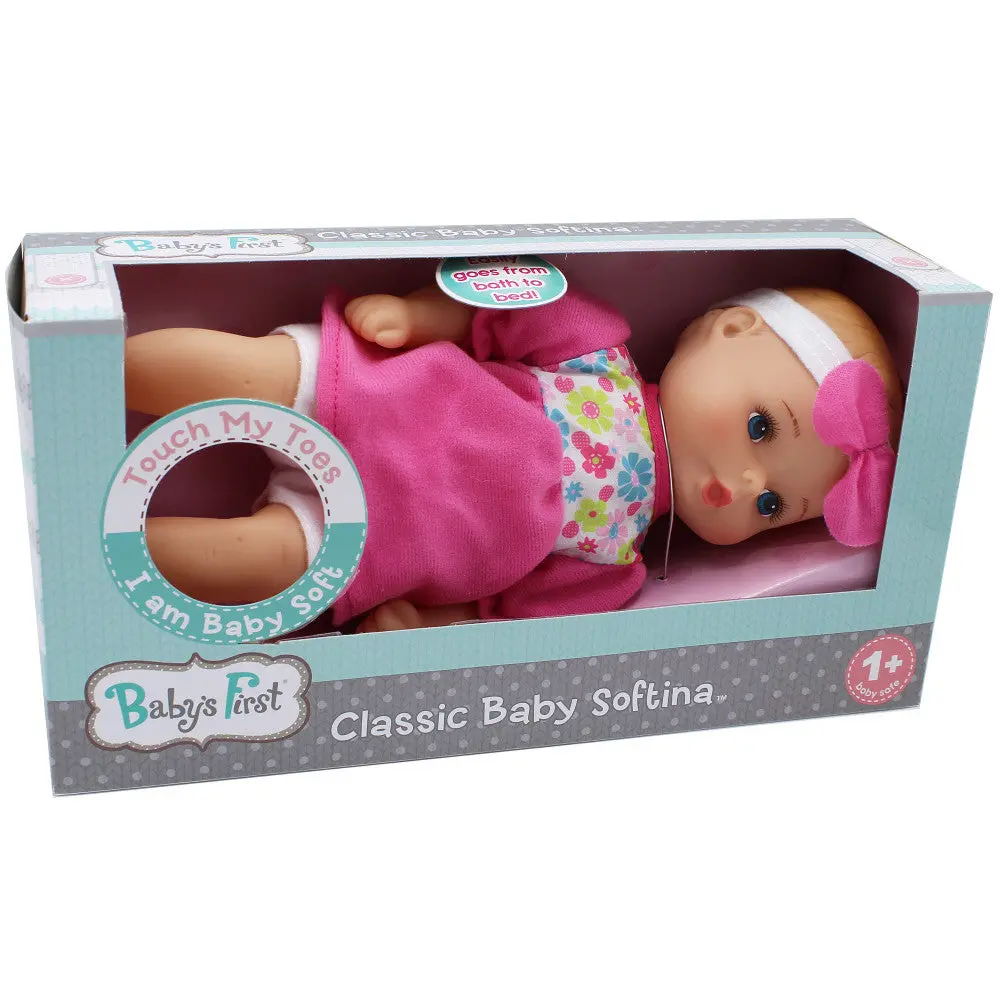Goldberger 11" Baby's First Classic Softina Doll - Pink Floral Jumper 1