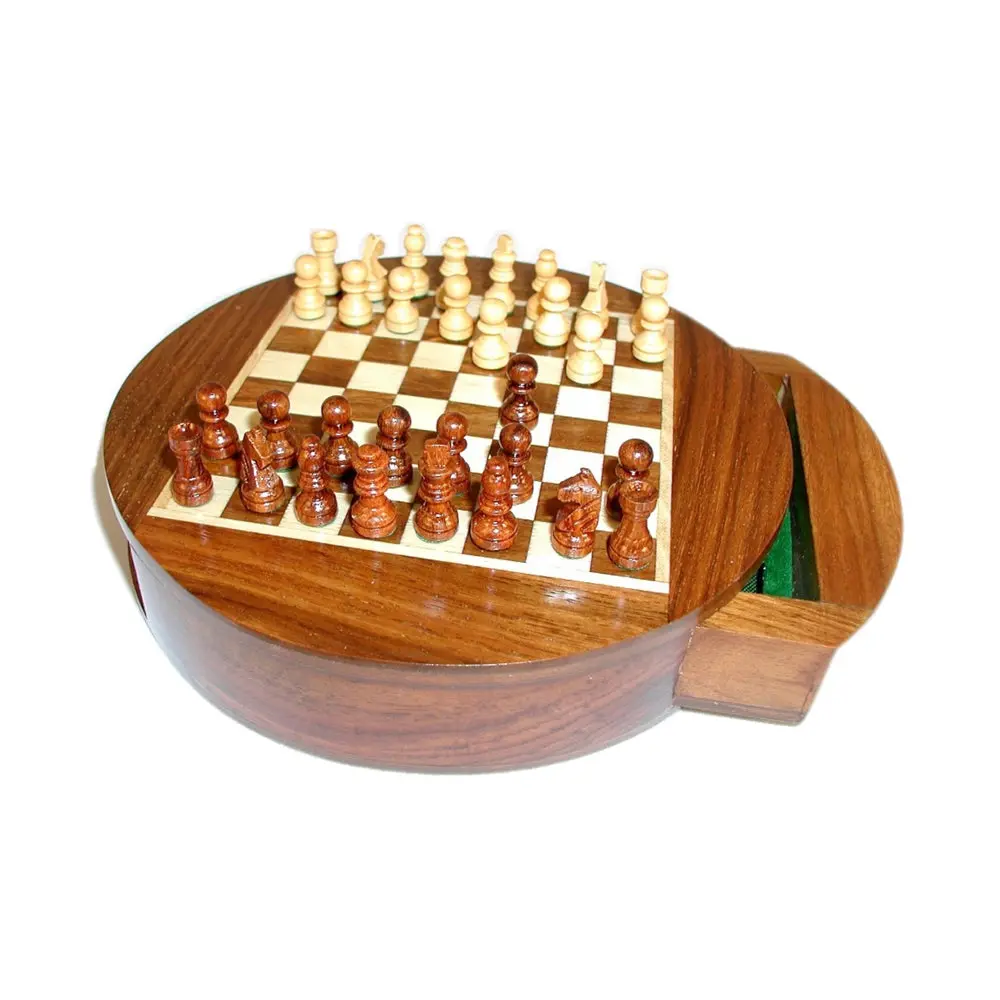 Worldwise Imports 6" Magnetic Round Wood Inlaid Chess Set With Slide Drawer 1