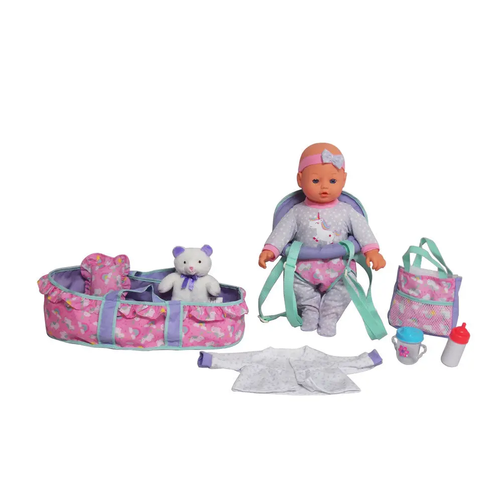 Dream Collection 16" Unicorn-Themed Baby Doll Travel Set - Blue 1