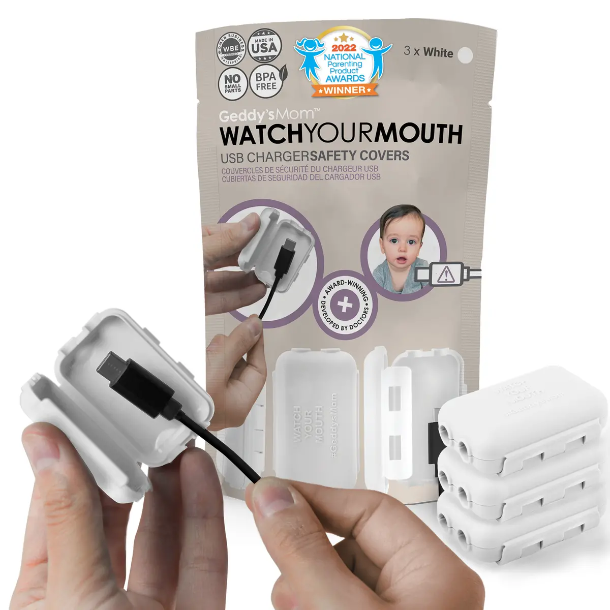 Geddy's Mom Watch Your Mouth - Baby Proofing Usb Charger Safety Cover - White 3 Pack 1