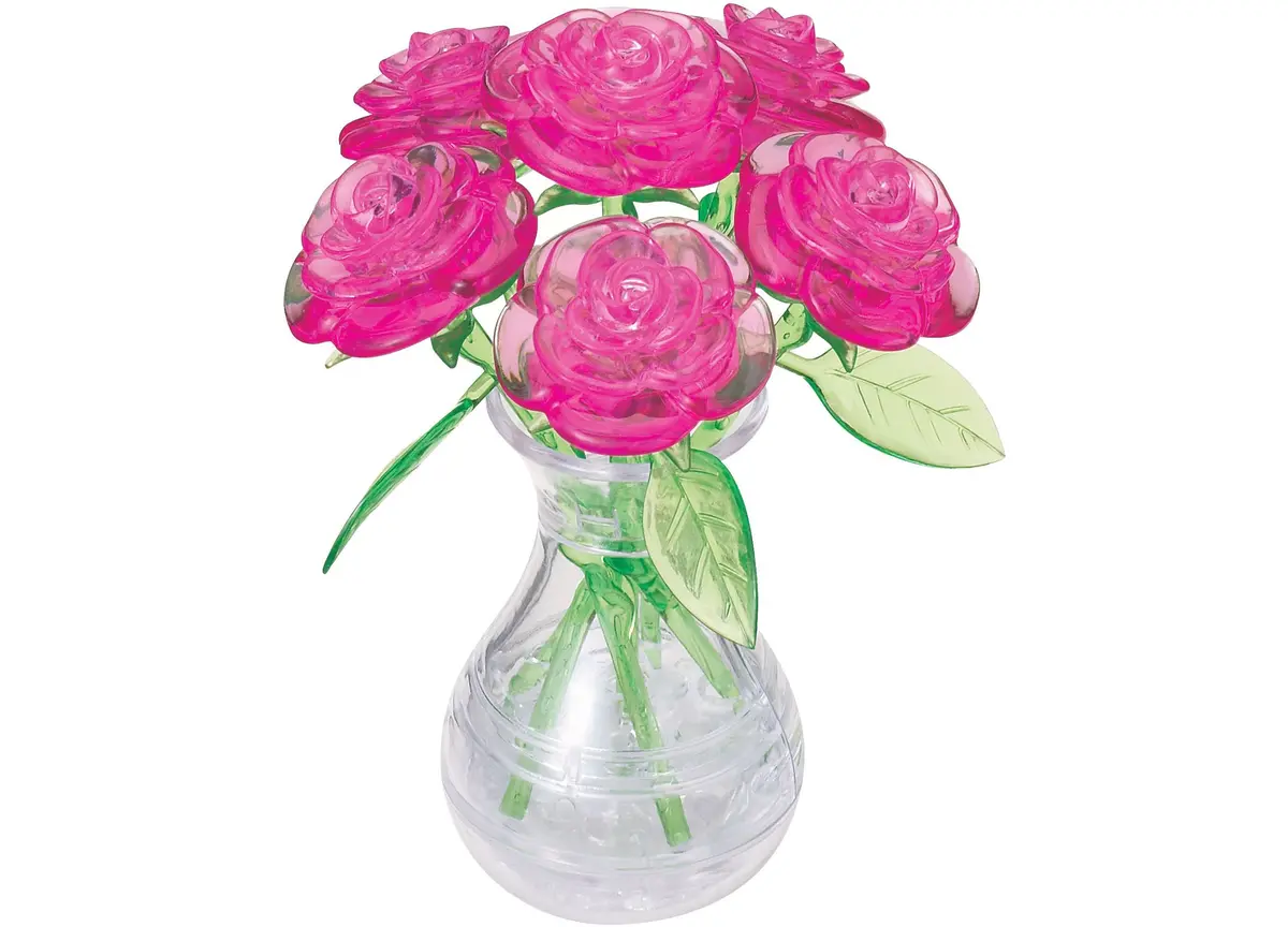 Bepuzzled 3D Crystal Puzzle - Playful Pink Roses In A Vase, 47 Pieces 1