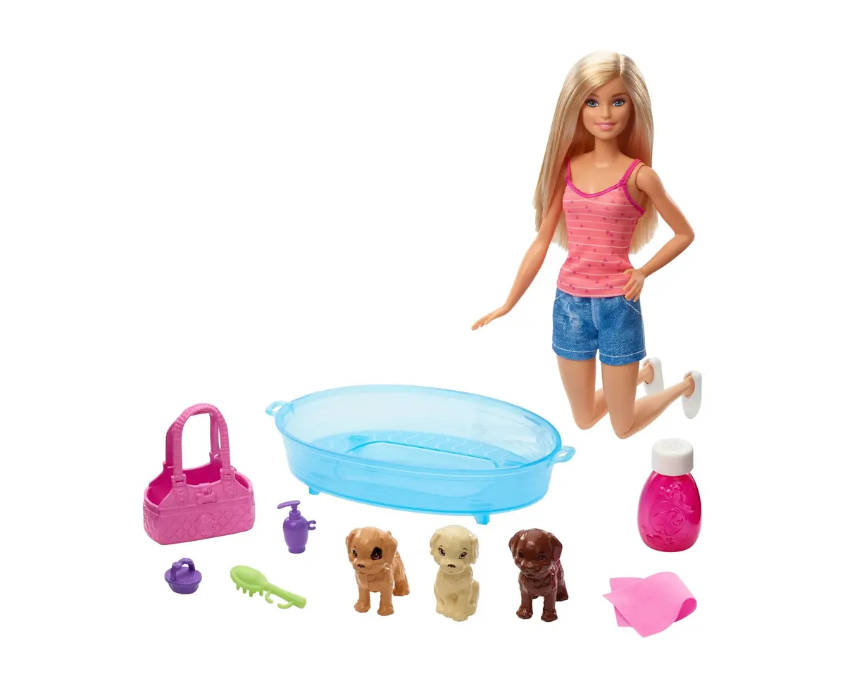 Barbie Doll With Puppy Bath Playset - Interactive Grooming Fun 1