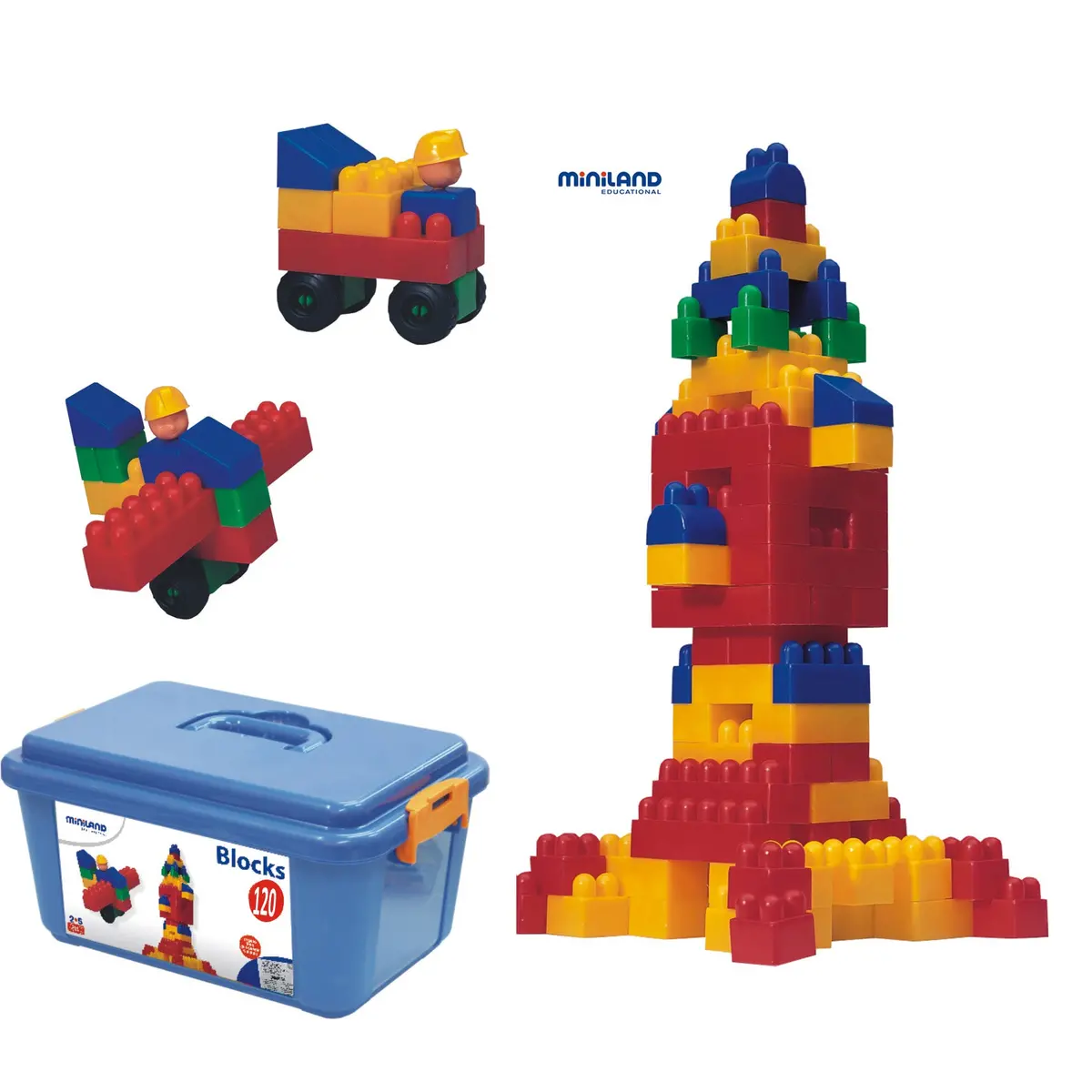 Miniland Educational 120-Piece Interlocking Plastic Blocks Set With Wheels 1