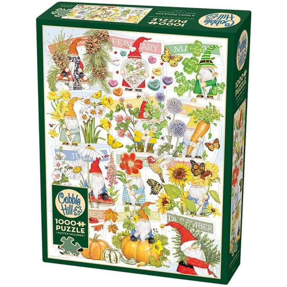Cobble Hill Happy Gnome Life Calendar Collage Jigsaw Puzzle - 1000 Pc 1