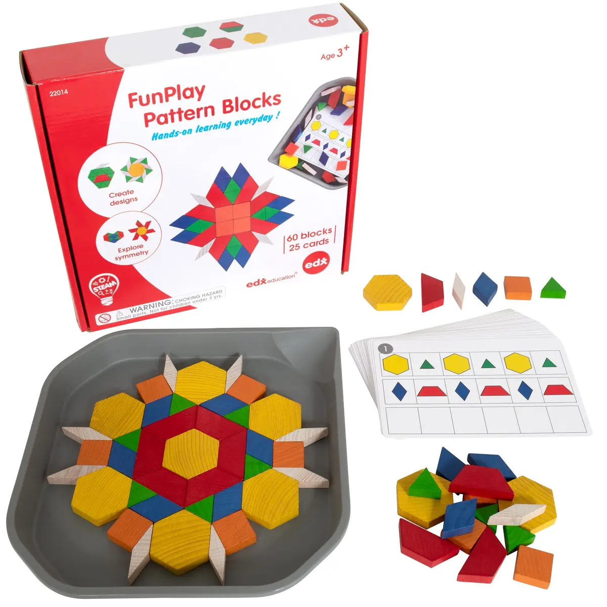 Edxeducation Funplay Pattern Blocks - 60 Wooden Shapes & 50 Learning Activities With Tray 1