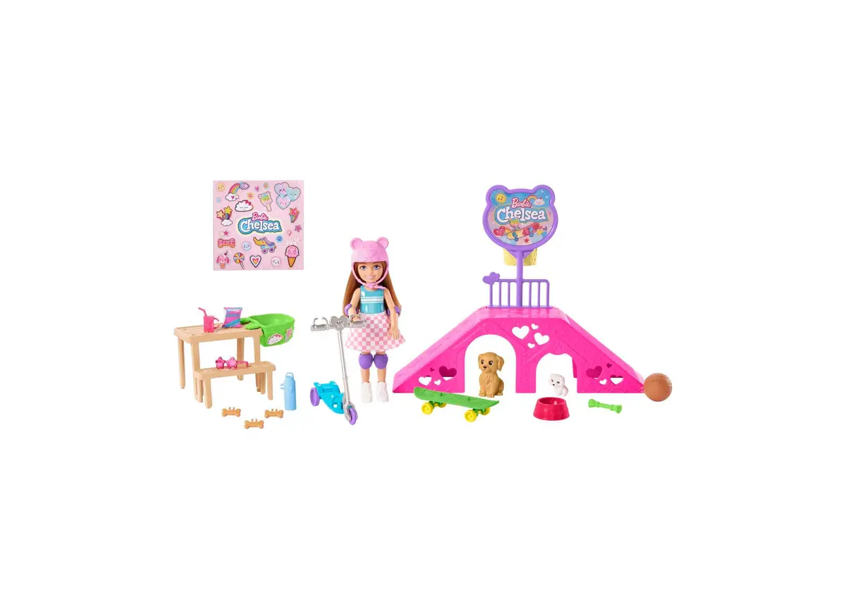 Barbie Chelsea Skatepark Playset With Doll, Scooter, And Pet Skateboard 1
