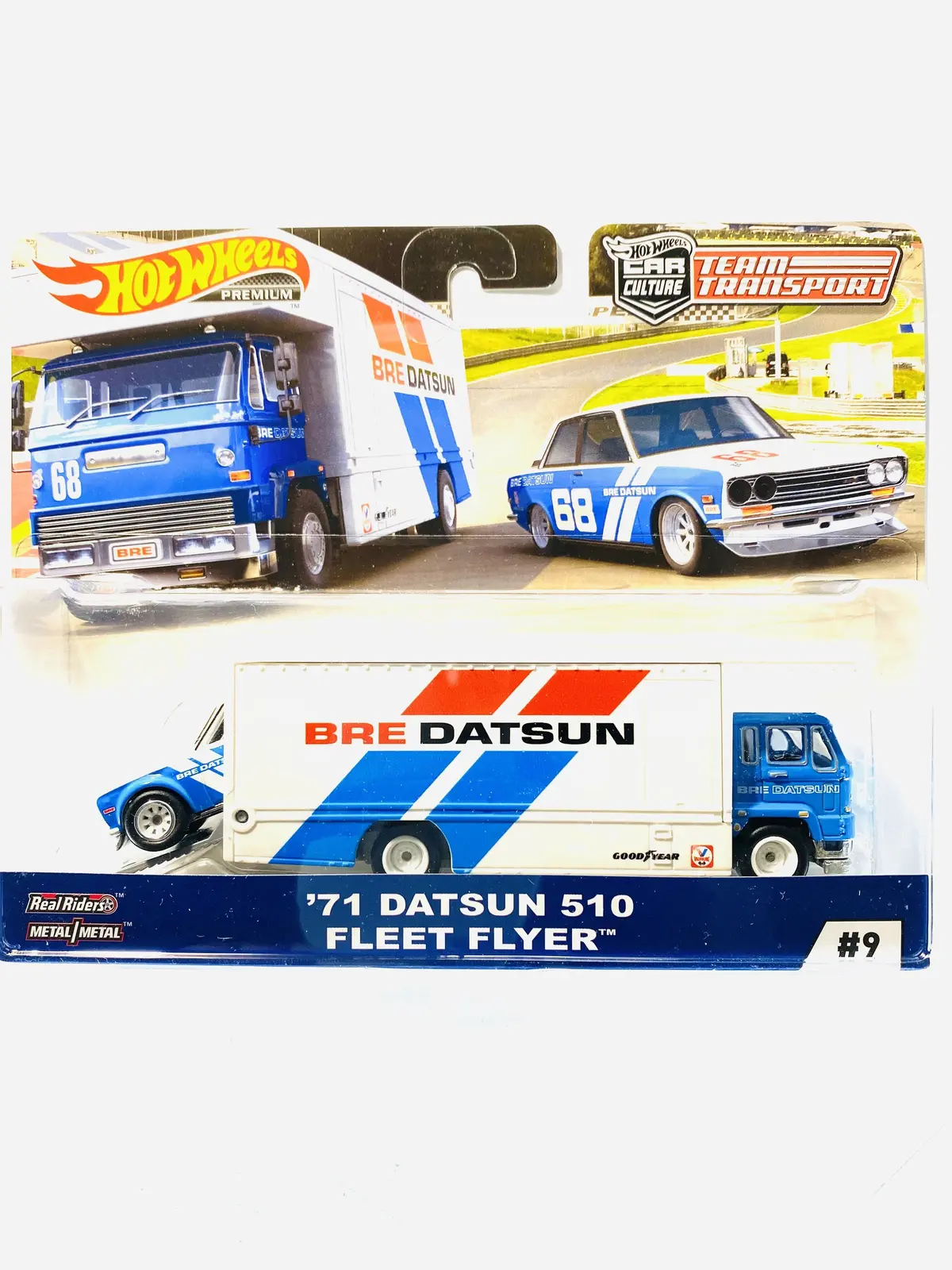 Hot Wheels 2019 Team Transport Case C Bre '71 Datsun 510 Fleet Flyer #9 - Damaged Car/Blister 1