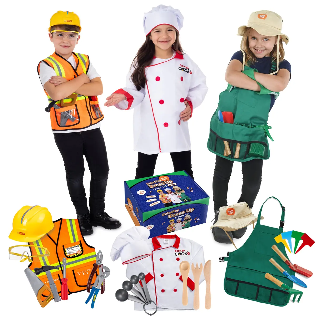 Bintiva 3-In-1 Dress Up Trunk Set - Construction Worker, Chef, Gardener 1