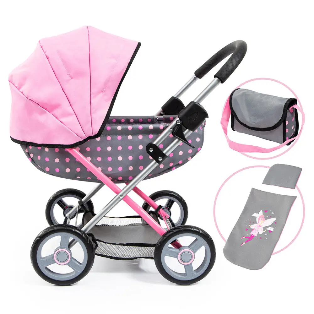 Bayer Design Fairy Polka Dot Doll Pram - Grey & Pink With Accessories 1