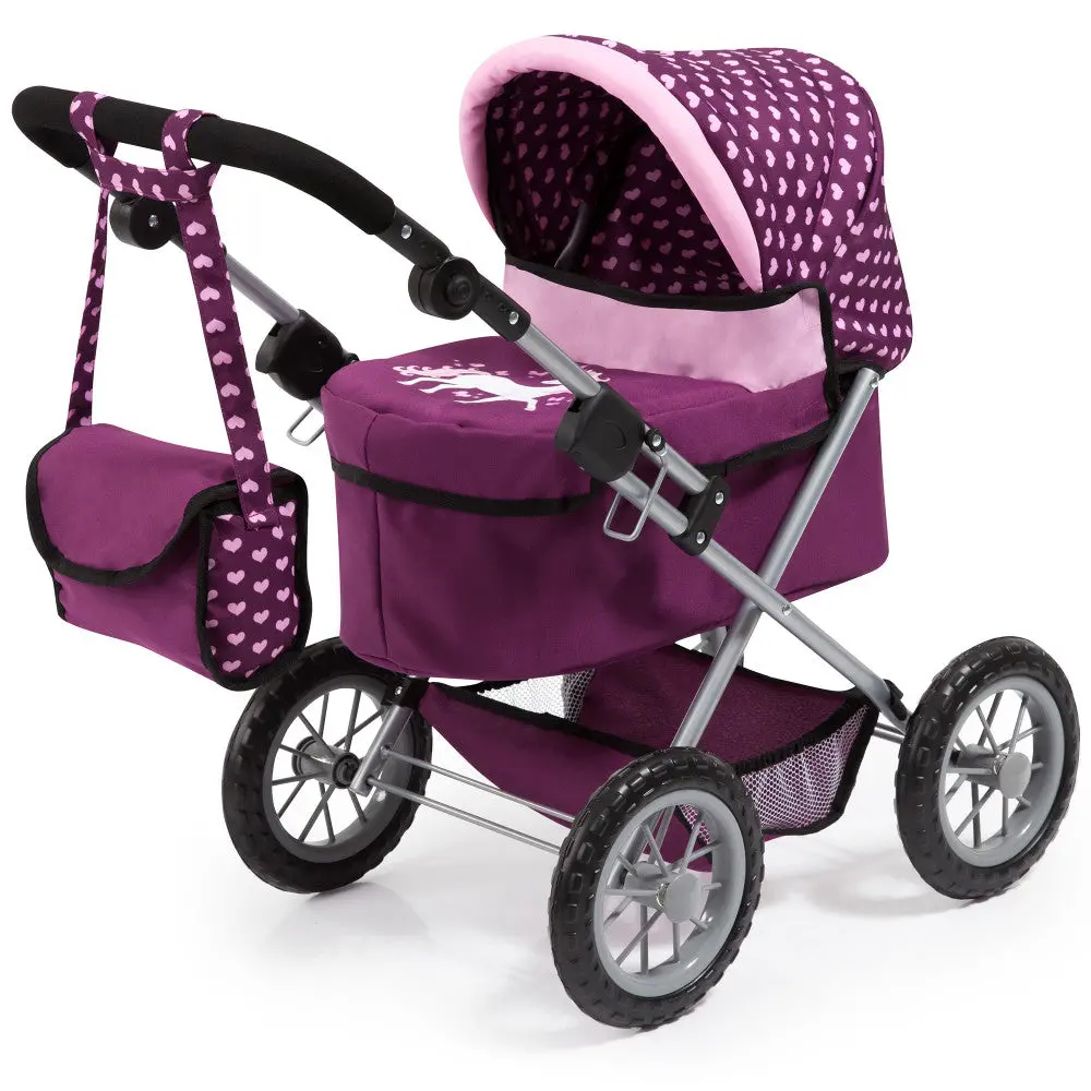 Bayer Design Trendy Dolls Pram With Matching Bag - Burgundy, Pink, Hearts 1