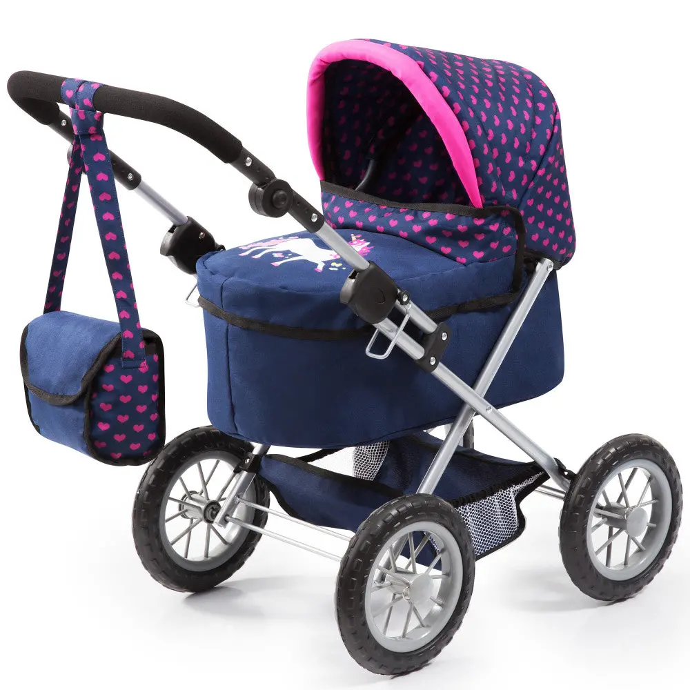 Bayer Design Trendy Doll Pram, Adjustable Handle, Blue Pink Hearts 1