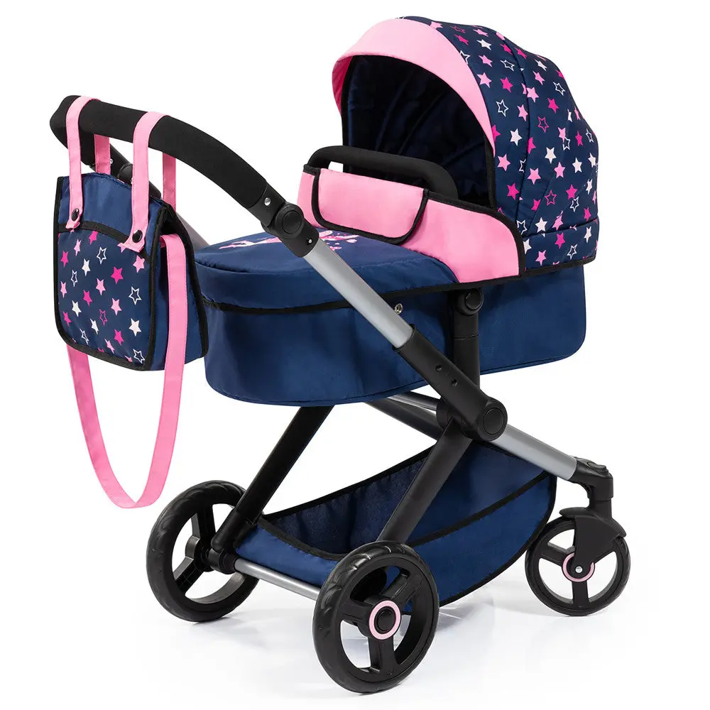 Bayer Design Dolls Pram Xeo - Adjustable Combi Doll Stroller, Blue, Pink, Stars 1