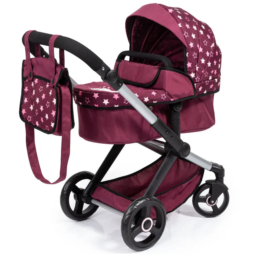 Bayer Design Dolls: Pram Xeo - Burgundy With White Stars And Unicorn Motif 1