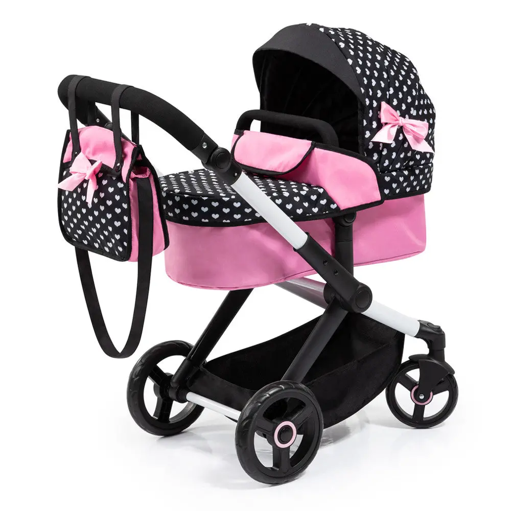 Bayer Design Dolls Pram Xeo, Hearts Black & Pink With Matching Handbag 1