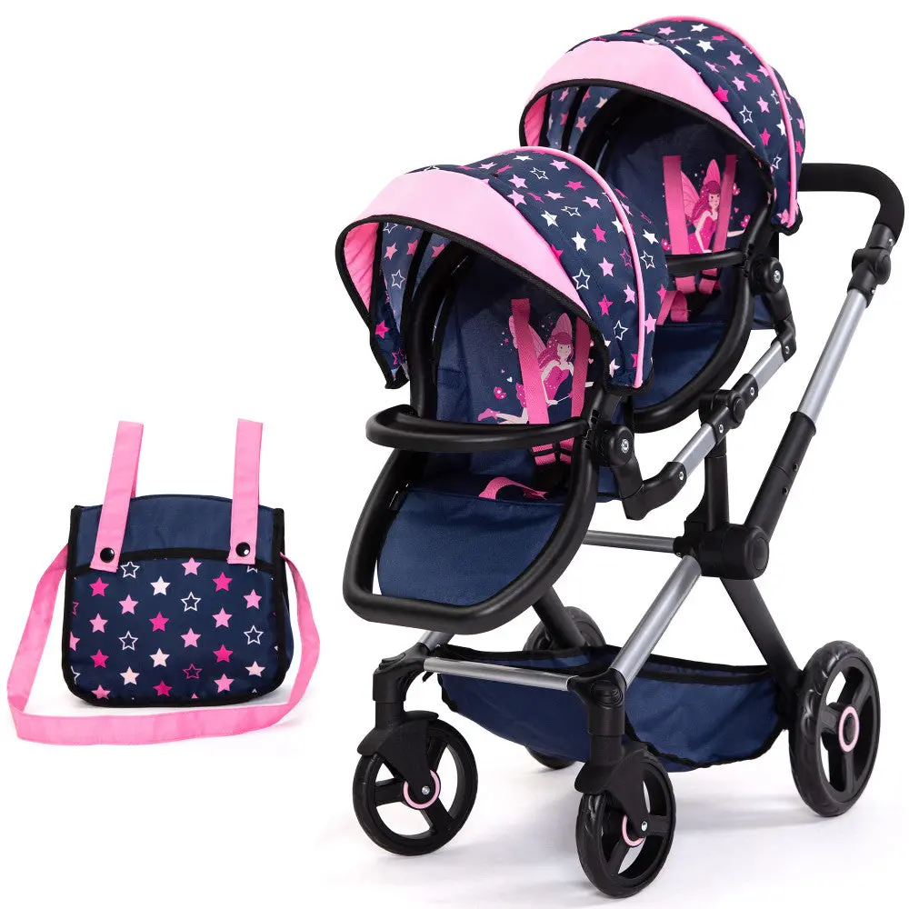 Bayer Design Twin Doll Pram, Stars Navy & Pink With Matching Handbag 1