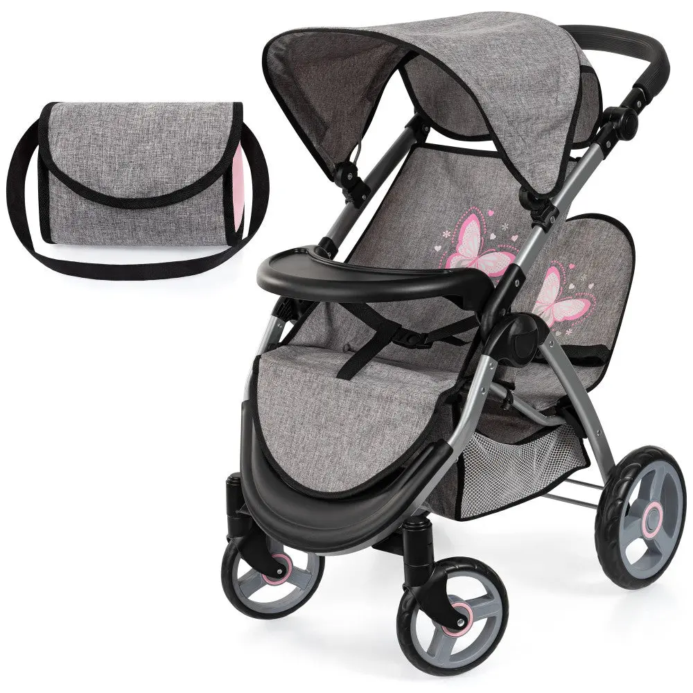 Bayer Design Twin Star Doll Stroller, Adjustable Handle, Grey & Pink Butterfly, Ages 3+ 1