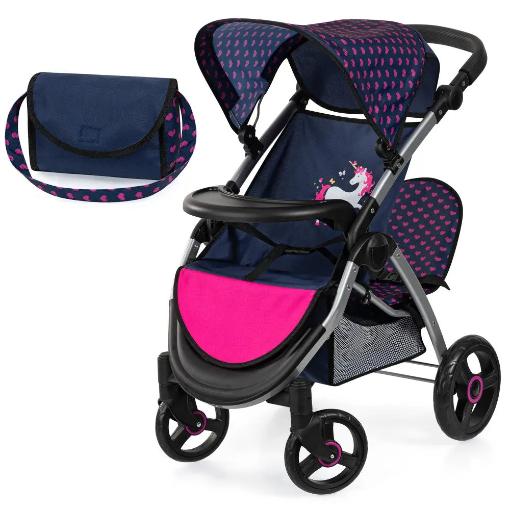Bayer Design Twin Star Doll Stroller, Unicorn Theme - Blue & Hot Pink 1