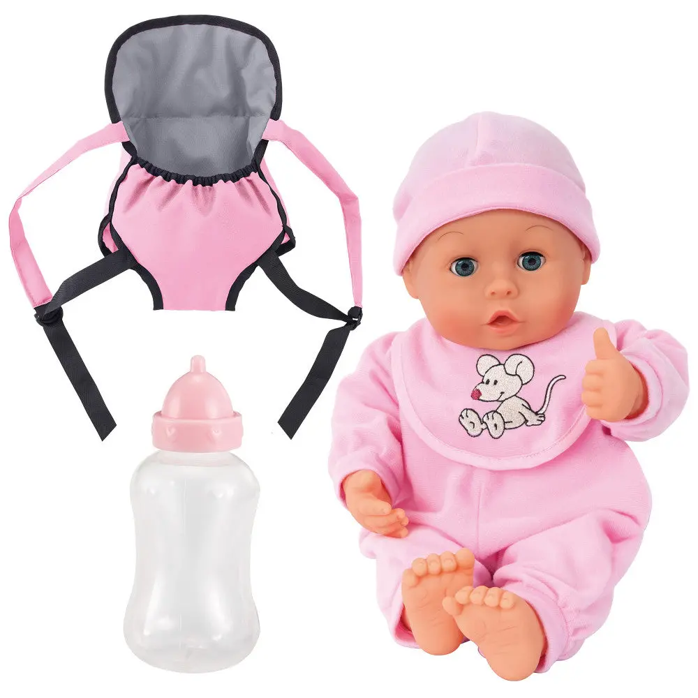 Bayer Design 13" My First Words Baby Doll With Carrier Set - Pink Mouse Outfit 1