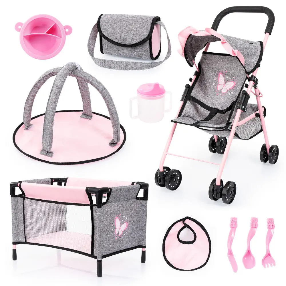 Bayer Design Dolls Buggy Playset With Accessories - Grey, Pink, Butterfly, Ages 3+ 1
