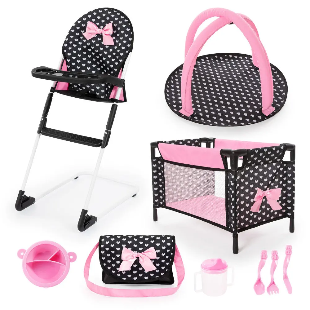 Bayer Design Dolls: 9-Piece Travel Set With Highchair And Port-A-Crib - Black, Pink, Hearts 1