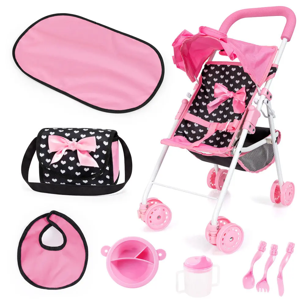 Bayer Design Doll Stroller Playset With Accessories - Pink & Black Hearts 1