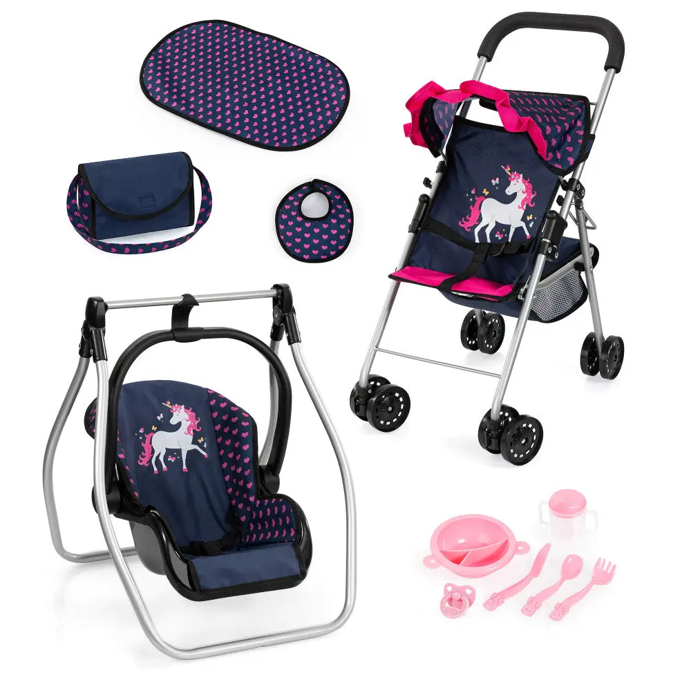 Bayer Design Dolls: 11 Piece Stroller Set - Navy, Pink, Hearts, Unicorn 1