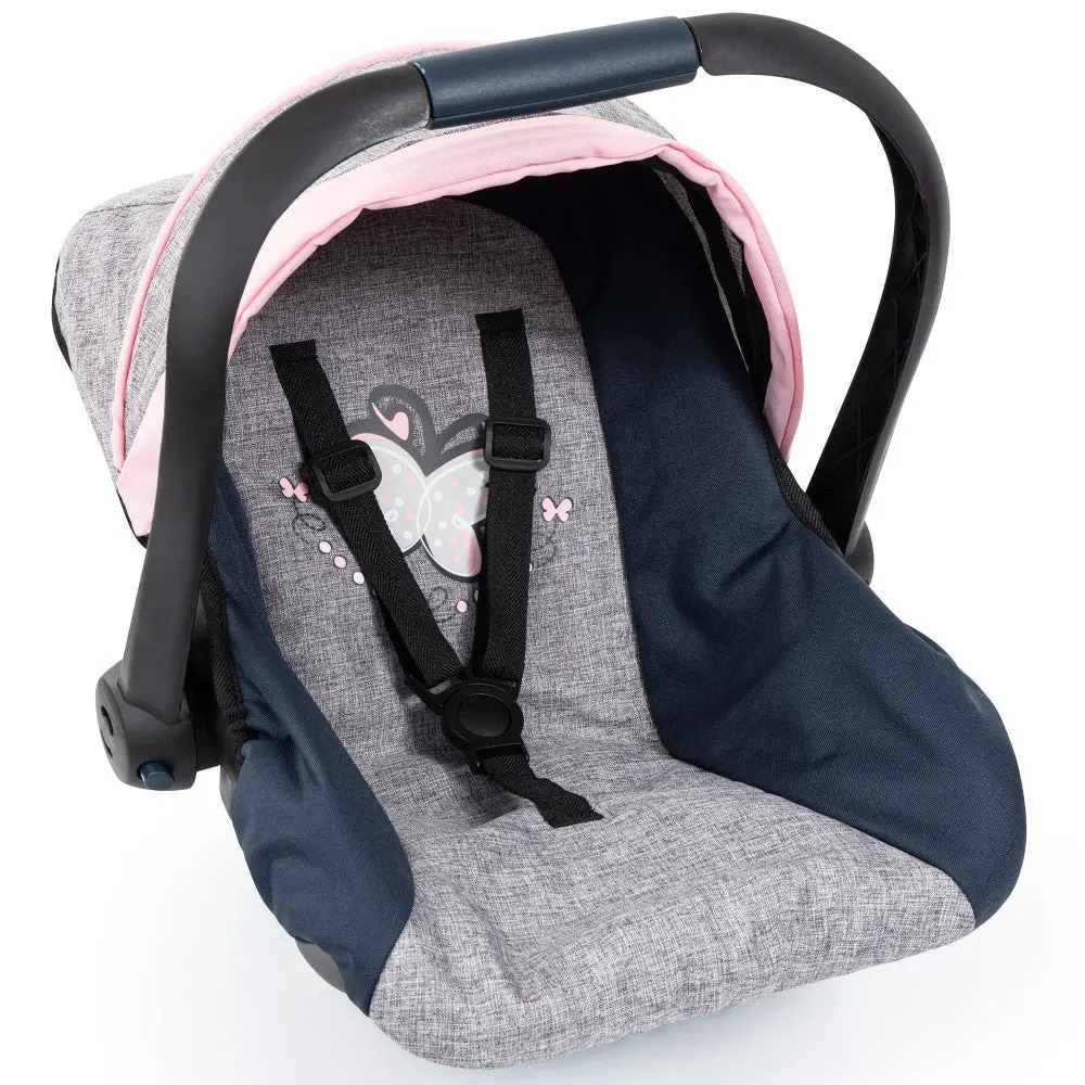 Bayer Design Doll Car Seat With Sunshade - Grey, Blue, Pink Butterfly 1