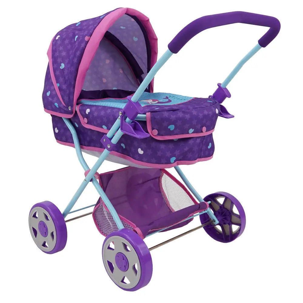 509 Mermaid-Themed Doll Pram With Retractable Canopy And Storage Basket 1