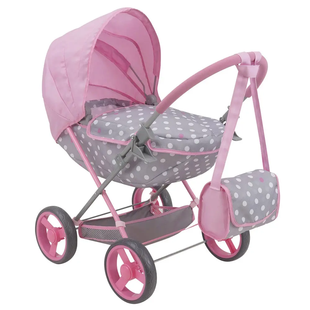 509 Crew Cotton Candy Pink Deluxe Doll Pram With Matching Bag - Pink, Grey, Polka Dot 1