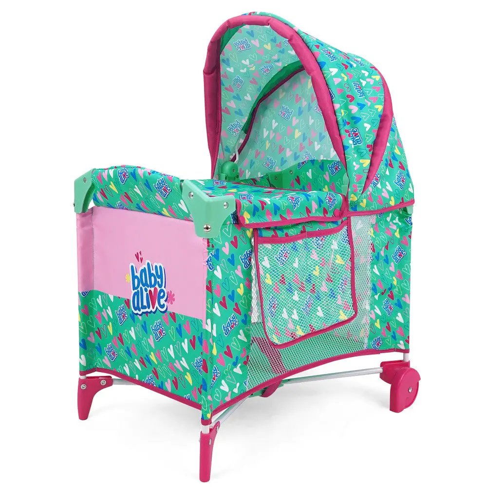 Baby Alive Deluxe Doll Play Yard With Canopy, Green & Pink Hearts 1