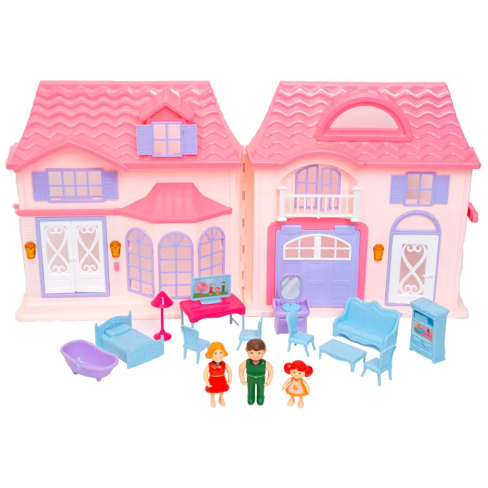 Boley Doll House Playset - Pink & Purple - 16Pc With 3 Family Dolls For Kids 3+ 1