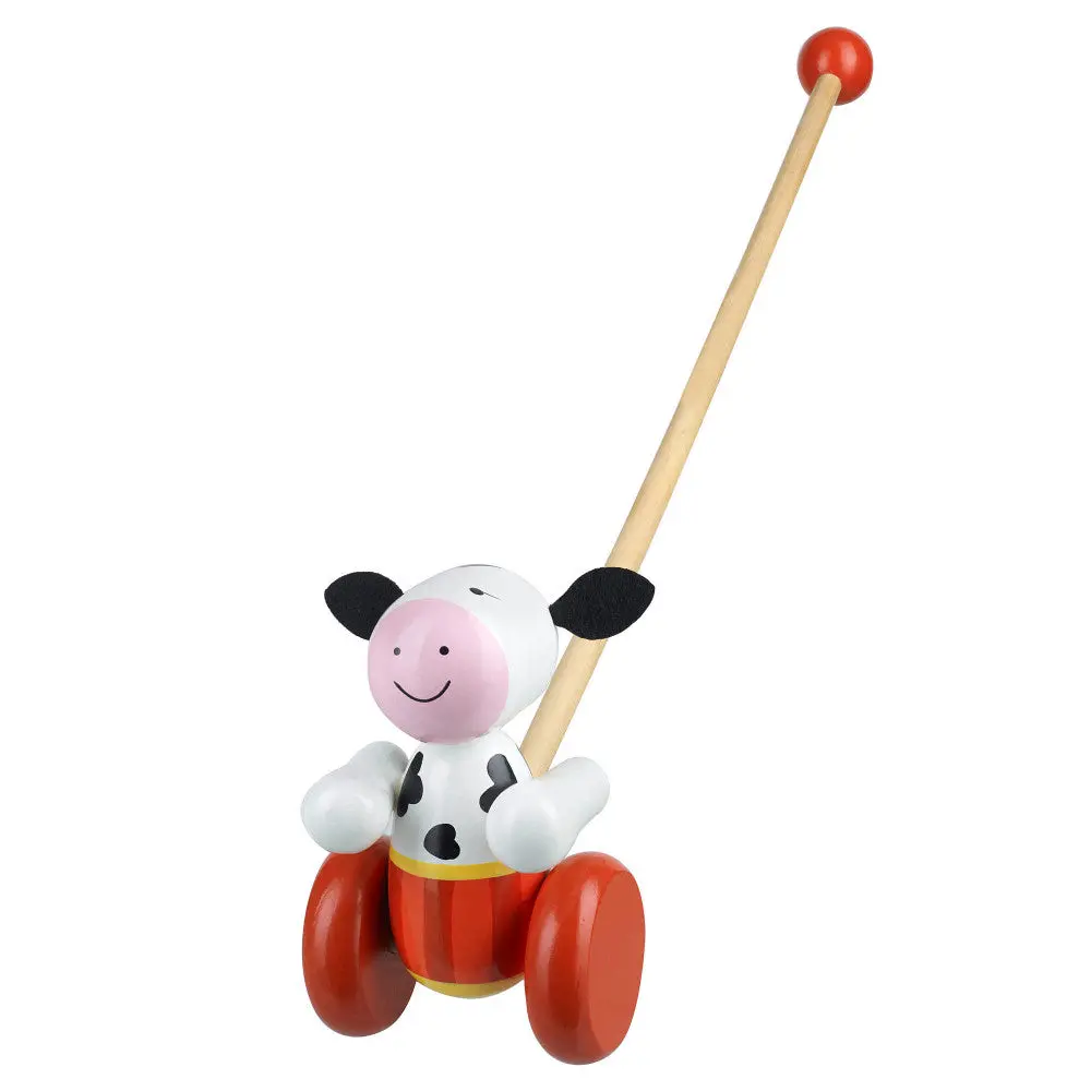 Orange Tree Toys Push Along Cow - Wooden Toddler Toy With Vibrant Red Wheels 1