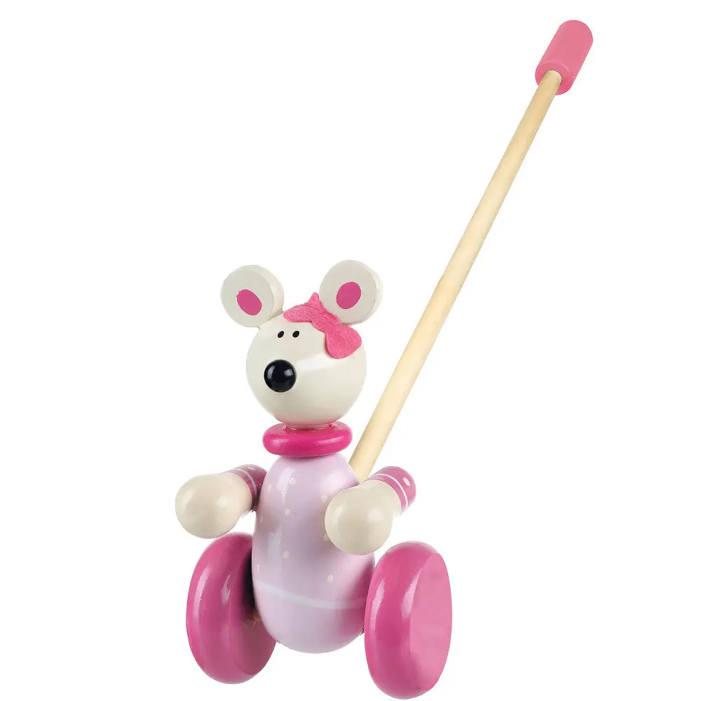 Orange Tree Toys Push Along Pink Mouse - Wooden Toddler Toy 1