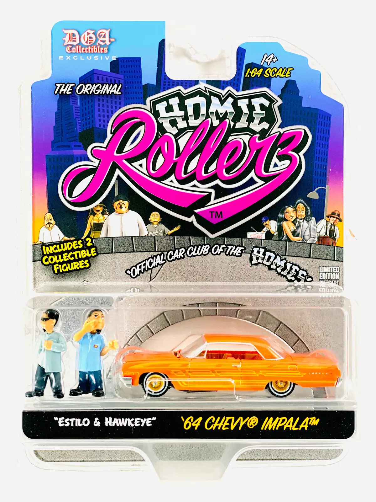 Greenlight X Dga Homie Rollers 2025 Series 1 1964 Chevrolet Impala Ss Hard Top W/ Estilo & Hawkeye 1