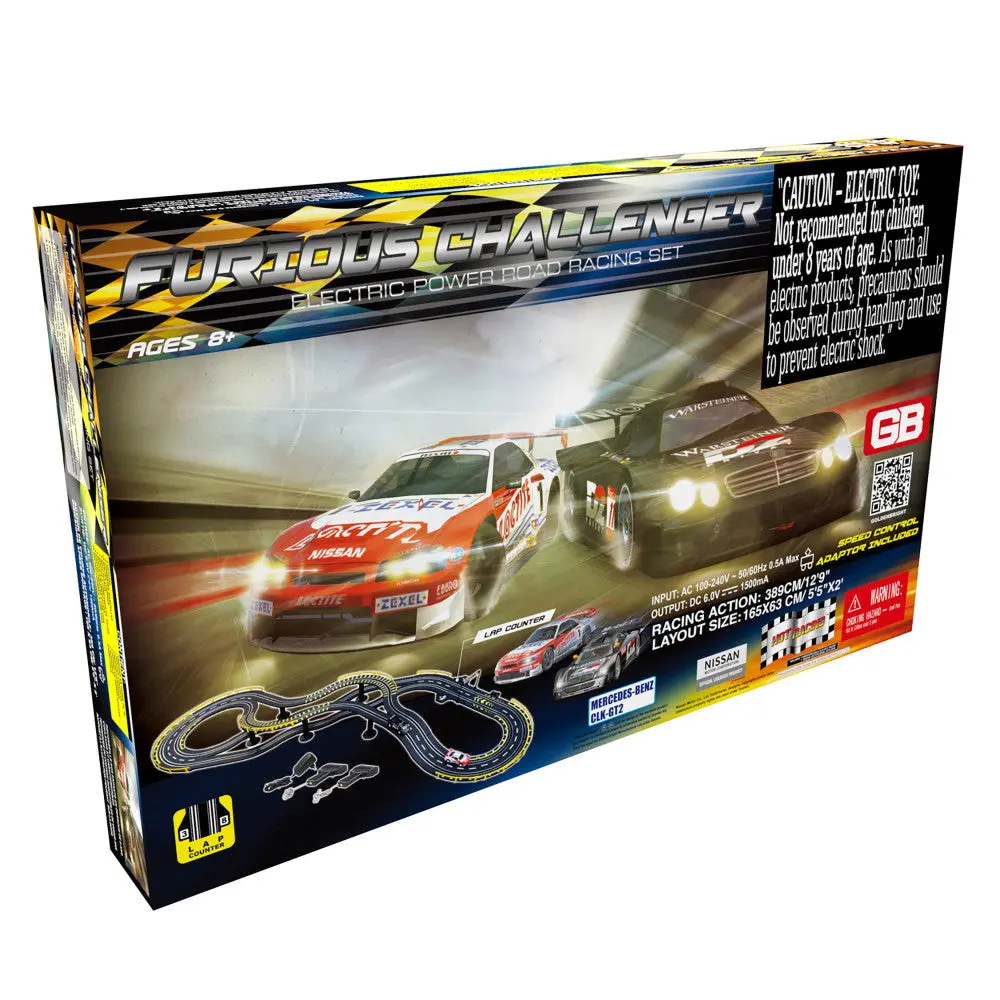 Gb Furious Challenger Electric Power Road Racing Set With Mercedes Benz Clk Gt2 And Nissan Skyline Gt-R 1