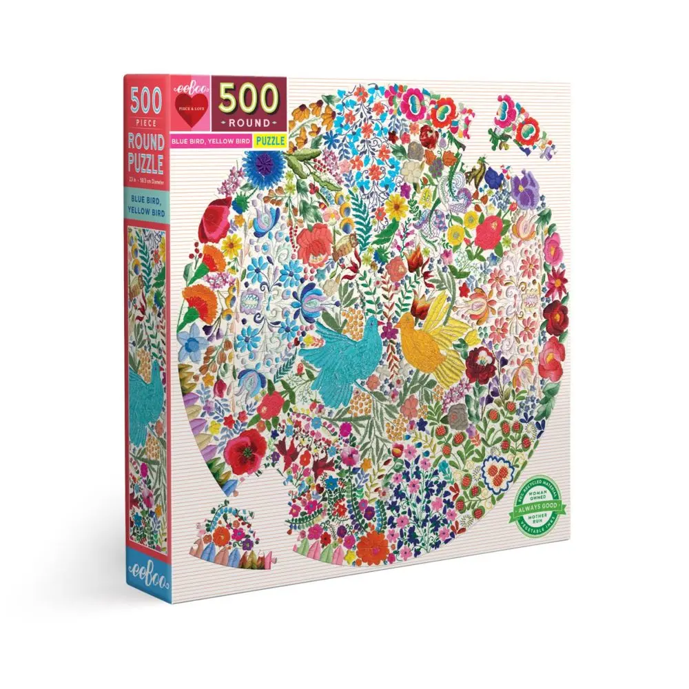 Eeboo Piece And Love Blue Bird Yellow Bird 500-Piece Round Jigsaw Puzzle 1