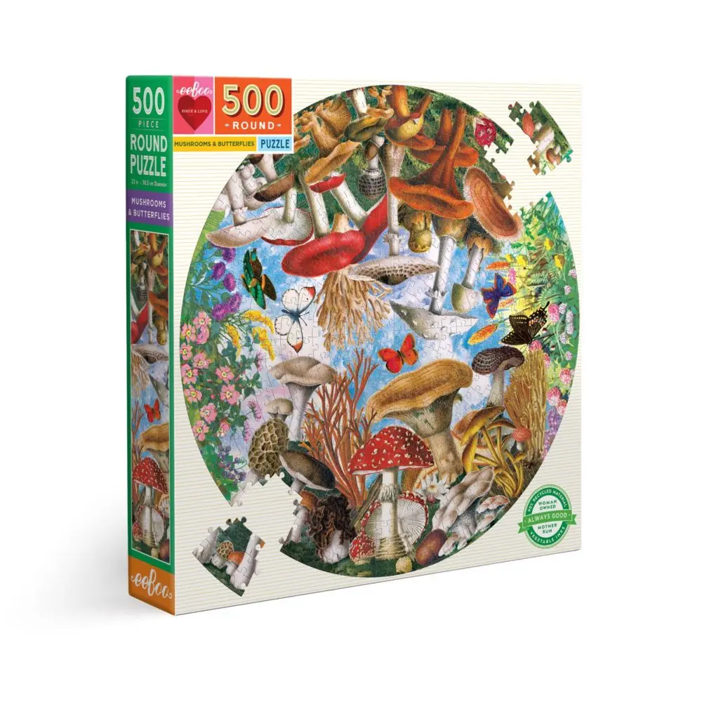 Eeboo Piece And Love Mushrooms And Butterflies 500-Piece Round Jigsaw Puzzle 1