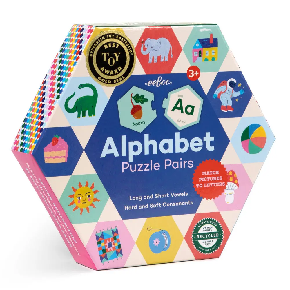 Eeboo Alphabet Hexagon Puzzle Pairs - 33 Pairs, Educational Toy For Kids Ages 3+ 1