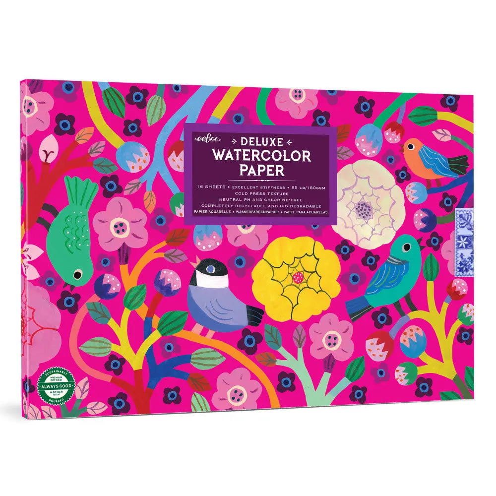 Eeboo Birds In Fuchsia Watercolor Pad - 16 Sheets, 85 Lb Paper 1