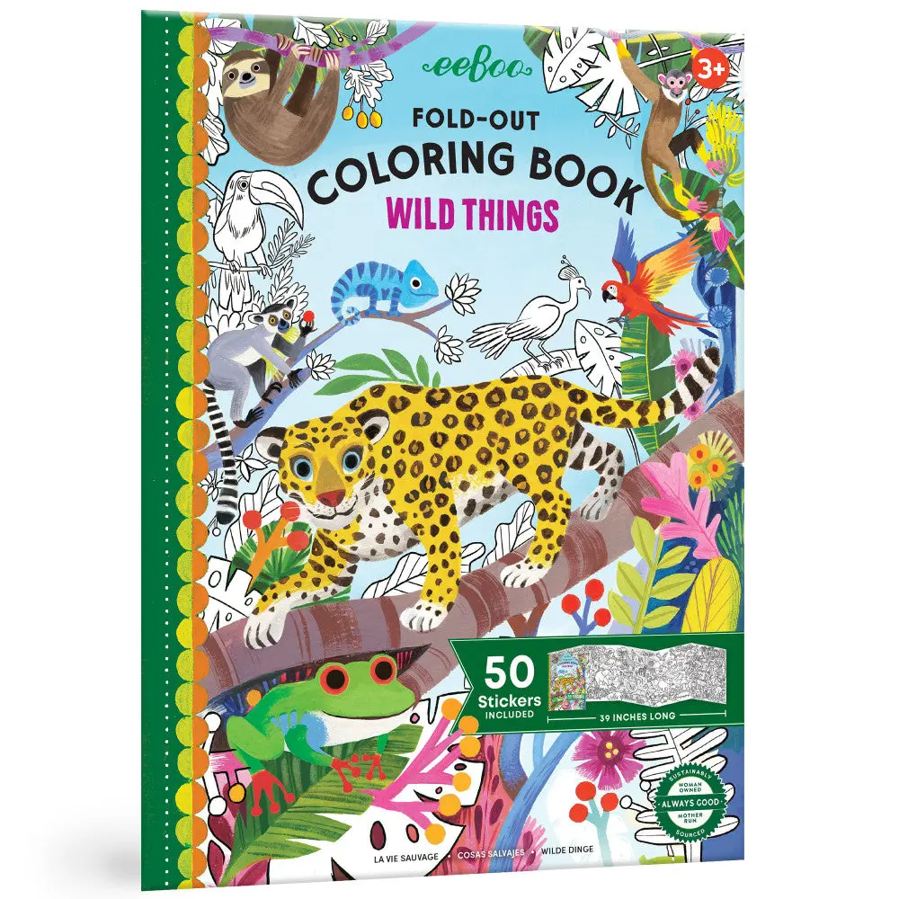 Eeboo Wild Things Fold-Out Coloring Mural Book With 50 Shiny Stickers 1