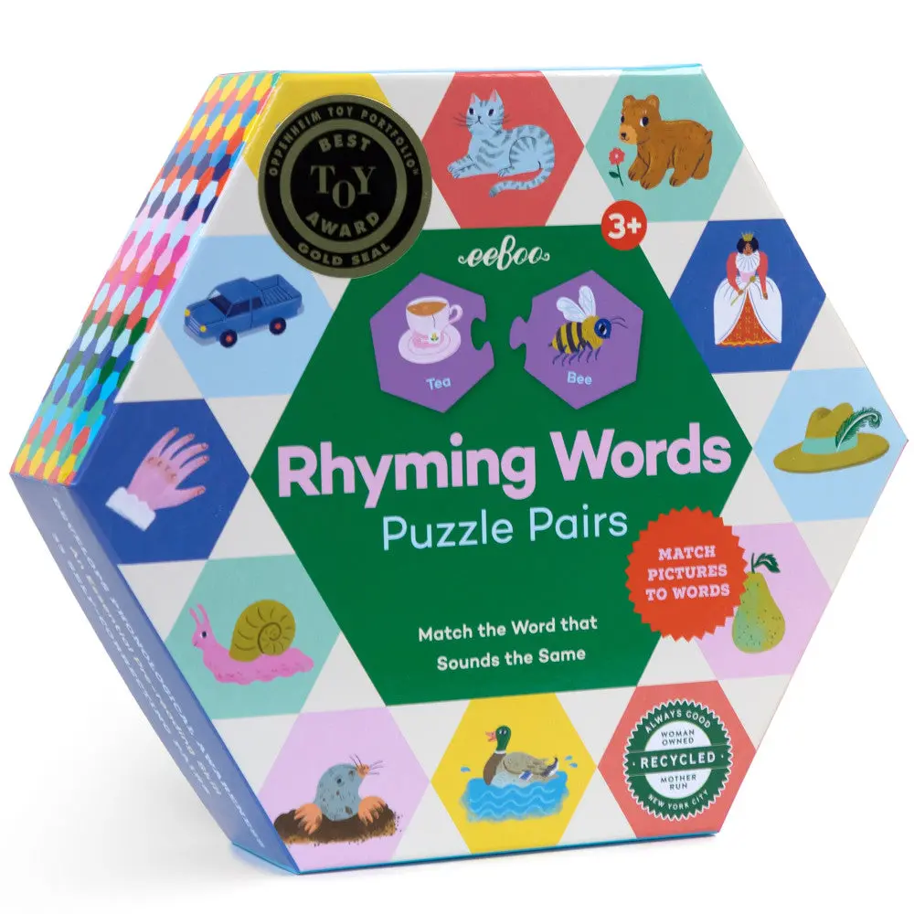 Eeboo Hexagon Puzzle Pairs - Rhyming Words - Educational Game For Kids Age 3+ 1