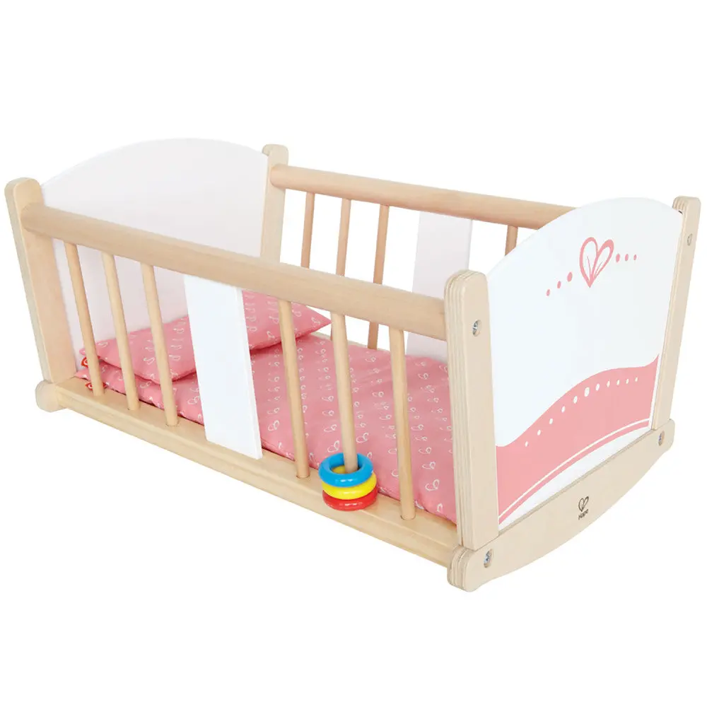 Hape Rock-A-Bye Baby Doll Cradle, Pink & White - Wooden Doll Cradle Playset 1