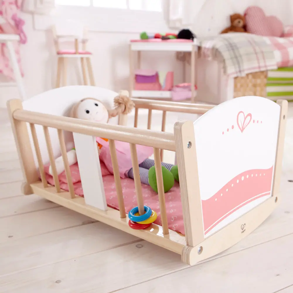 Hape Rock-A-Bye Baby Doll Cradle, Pink & White - Wooden Doll Cradle Playset 2