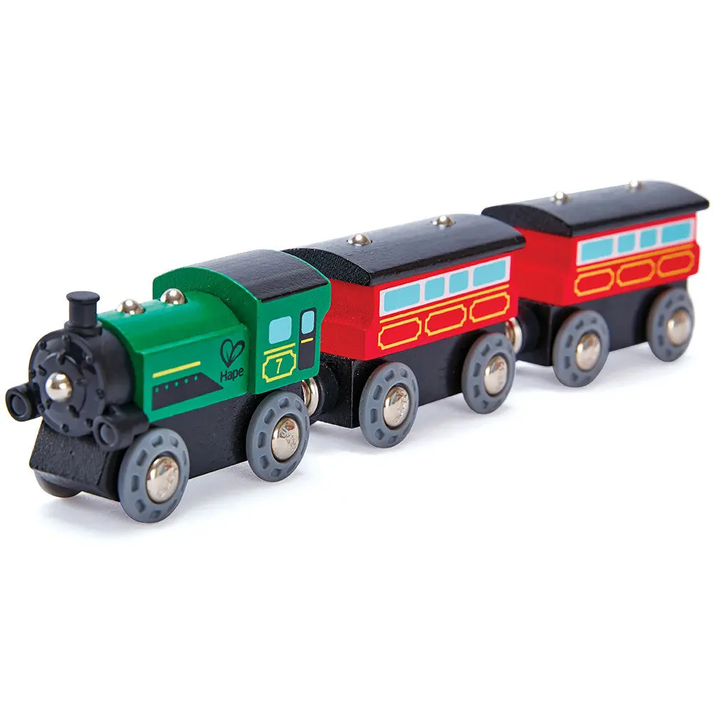 Hape Steam-Era Passenger Train Set - Green & Red 3Pc Wooden Locomotive 1
