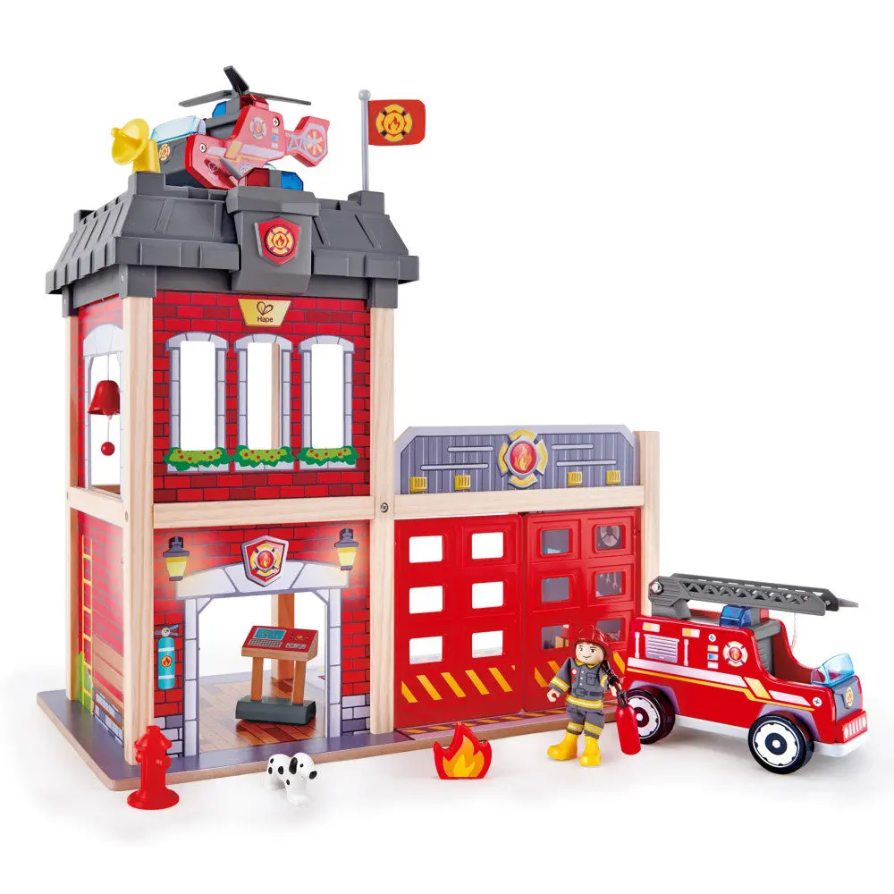 Hape City Fire Station Wooden Playset - 13 Pieces - Interactive Rescue Adventure 1