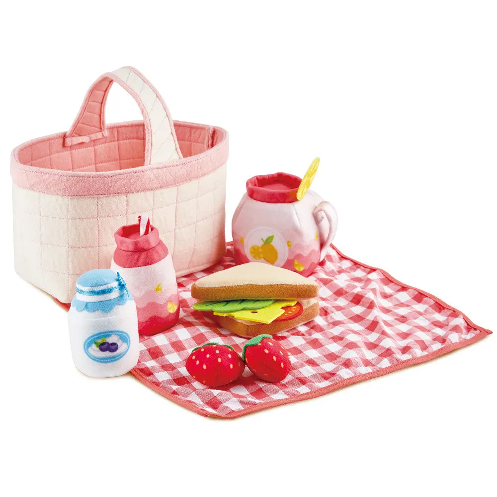 Hape 9-Piece Toddler Picnic Basket Set - Soft Toy Food & Blanket 1