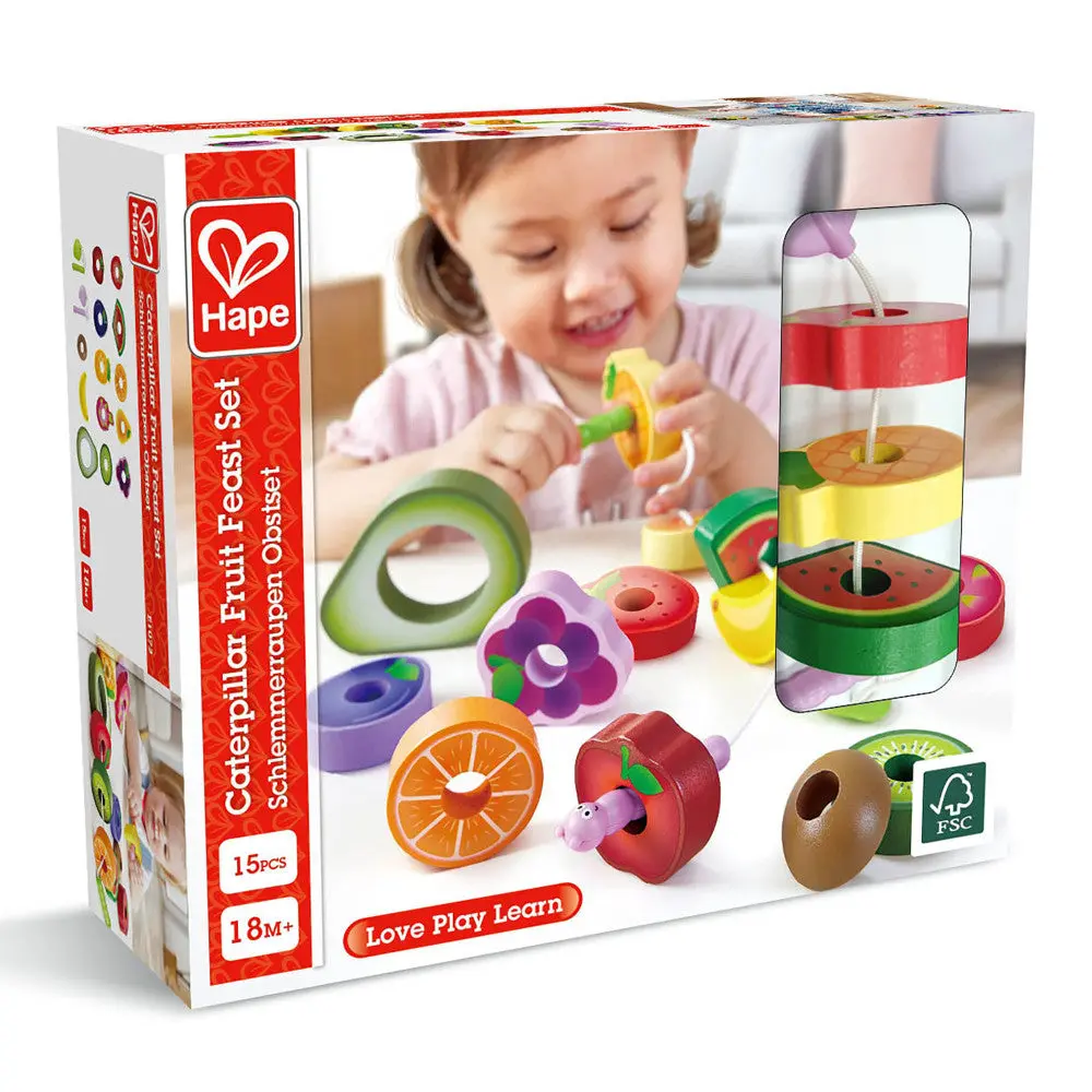 Hape Caterpillar Fruit Feast - 14Pc Wooden Stringing Playset 1