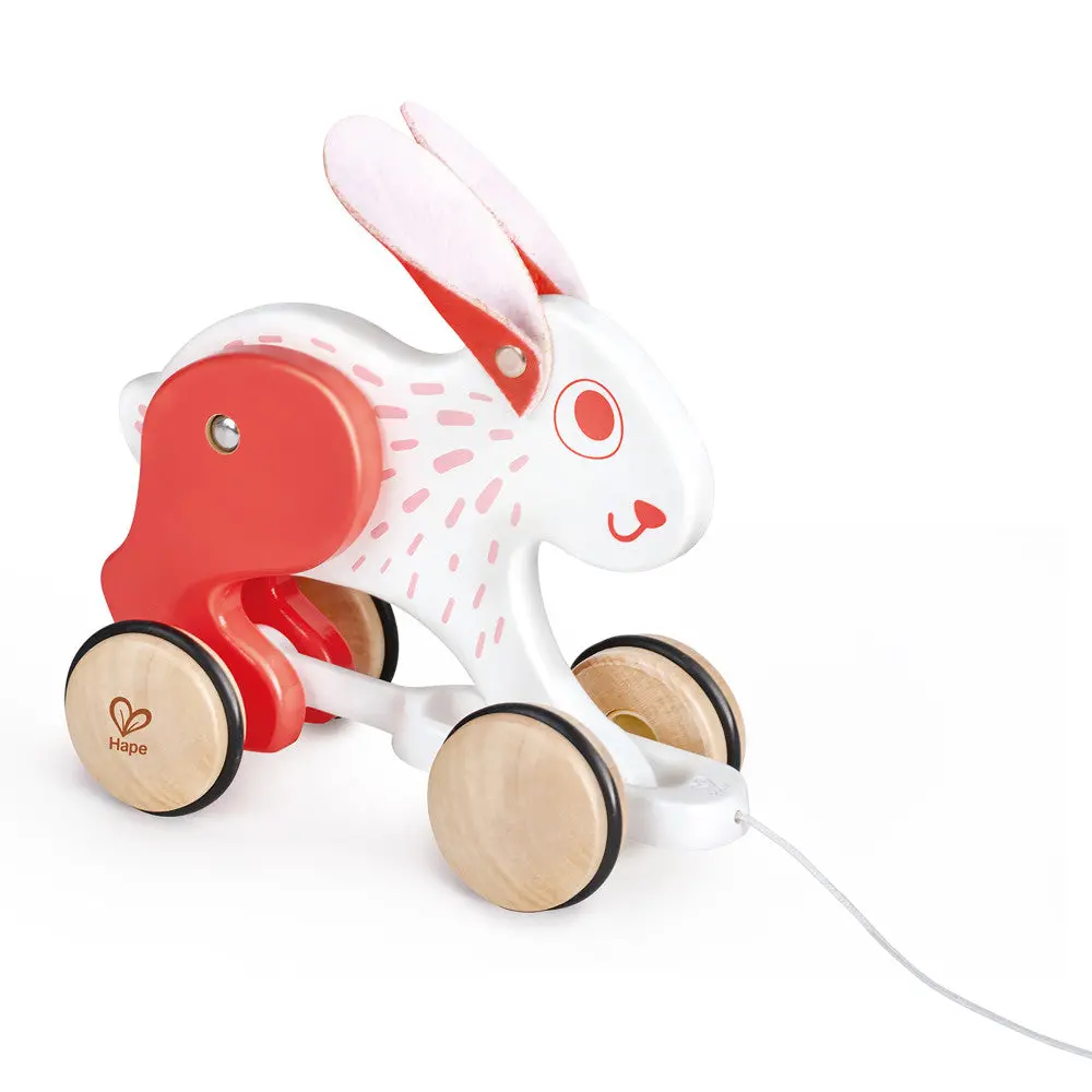 Hape Pull Along Bunny - White & Red Wooden Toy 1