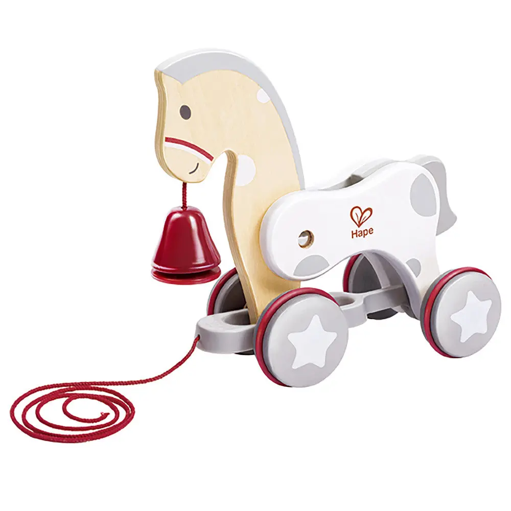 Hape Pull Along Pony Toy - White & Red With Bell 1